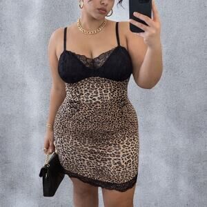 2000s Shape FX Leopard Print Lace Trim Bodycon Shapewear Slip Dress Large